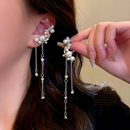 14K Gold-Plated Diamond-Studded Tassel Ear Bone Clip Earrings - elegant Tassel Ear Clip