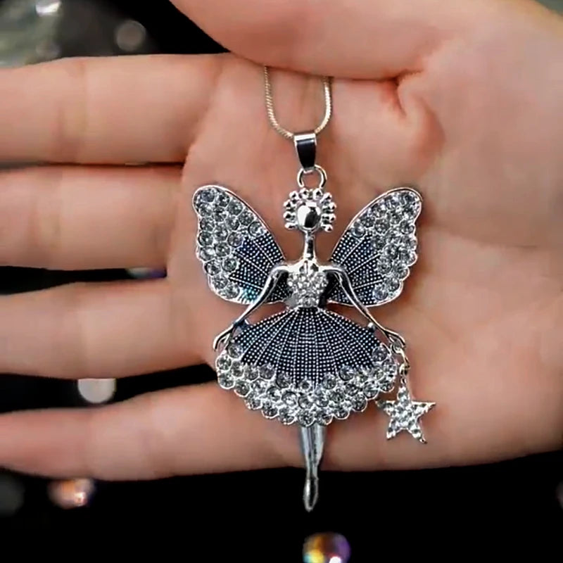 14K Gold-Plated Diamond Angel Girl Sweater Chain Necklace worn to showcase its length and pendant detail