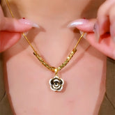 14K Gold-Plated Diamond Black Camellia Necklace - beautiful Black Camellia Necklace