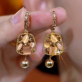 14K Gold-Plated Diamond Cat's Eye Geometric Tassel Earrings - elegant Cat's Eye Tassel Earrings