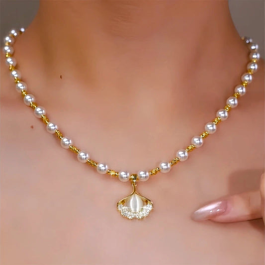 14K Gold-Plated Diamond Cat's Eye Ginkgo Leaf Pearl Necklace - beautiful Ginkgo Leaf Necklace