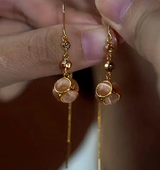 14K Gold-Plated Diamond Cat's Eye Stone Ball Threader Tassel Earrings - elegant Cat's Eye Threader Earrings