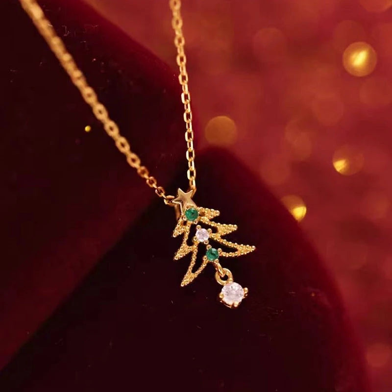 14K Gold-Plated Diamond Christmas Tree Necklace worn to showcase its length and pendant detail