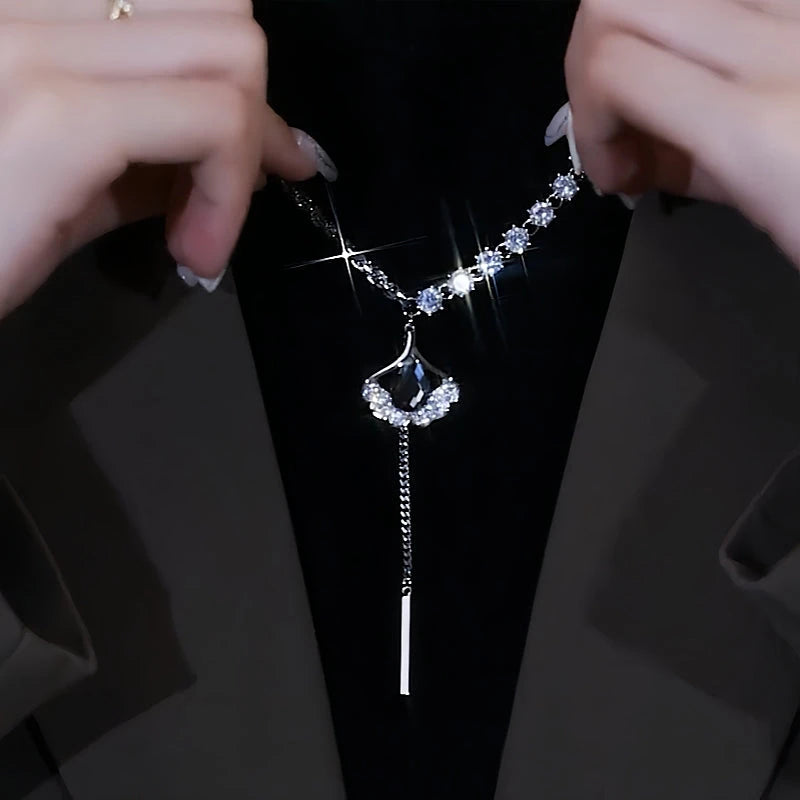 14K Gold-Plated Diamond Crystal Ginkgo Leaf Necklace worn to showcase its length and pendant detail