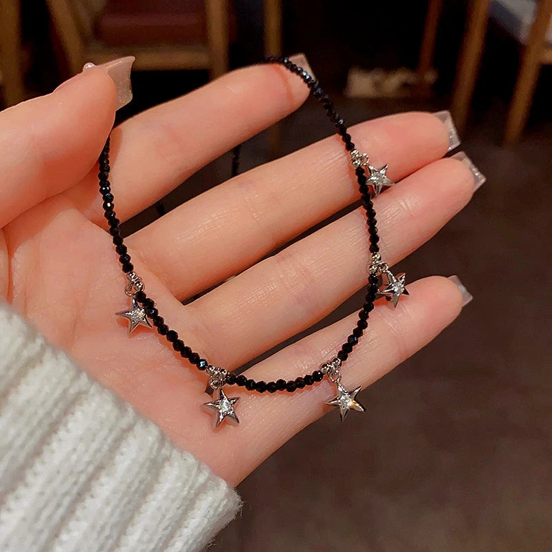 14K Gold-Plated Diamond Five-Star Clavicle Chain Necklace worn to showcase its length and pendant detail