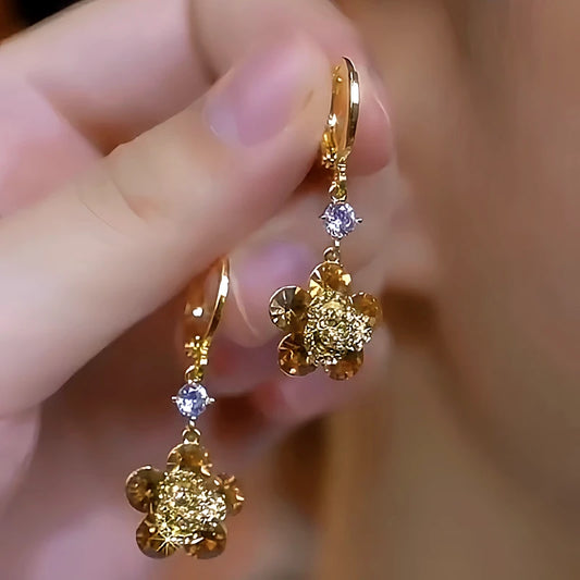 14K Gold-Plated Diamond Flower Earrings - elegant Golden Flower Earrings