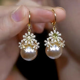 14K Gold-Plated Diamond Flower Pearl Earrings - elegant Flower Pearl Earrings