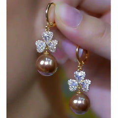 14K Gold-Plated Diamond Flower Pearl Earrings - elegant Brown Flower Pearl Earrings