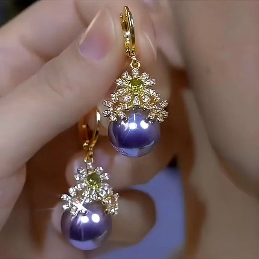 14K Gold-Plated Diamond Flower Purple Pearl Earrings - elegant Purple Pearl Earrings