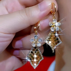 14K Gold-Plated Diamond Flower Sequin Tassel Earrings - elegant Sequin Tassel Earrings