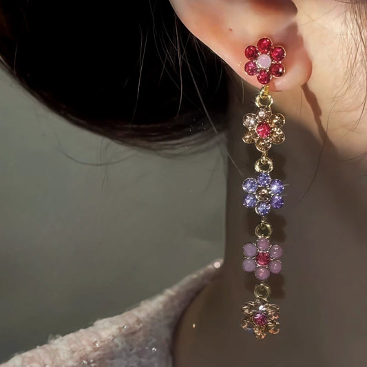 14K Gold-Plated Diamond Flower Tassel Earrings - elegant Flower Tassel Earrings