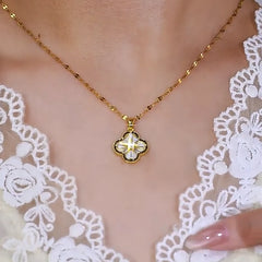 Detailed view of the 14K Gold-Plated Diamond Four-Leaf Flower Necklaces chain and pendant