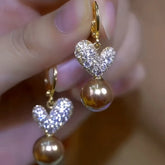14K Gold-Plated Diamond Heart Brown Pearl Earrings - elegant Brown Pearl Earrings