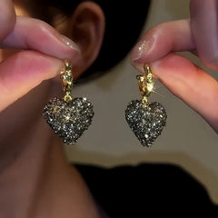 14K Gold-Plated Diamond Heart Earrings - elegant Black Heart Earrings