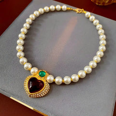 14K Gold-Plated Diamond Heart Pearl Necklace worn to showcase its length and pendant detail