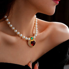 14K Gold-Plated Diamond Heart Pearl Necklace - beautiful Heart Pearl Necklace