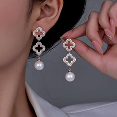 14K Gold-Plated Diamond Hollow Four-Leaf Flower Pearl Earrings - elegant Four-Leaf Clover Earrings