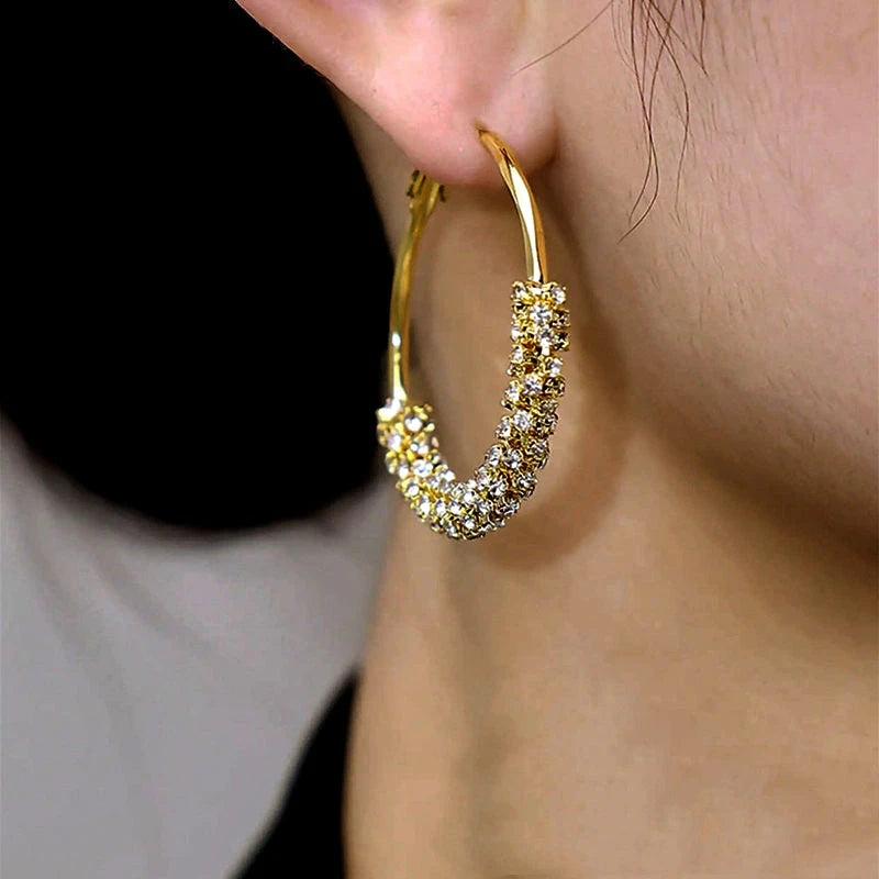 14K Gold-Plated Diamond Hoop Earrings - elegant Large Diamond Hoops