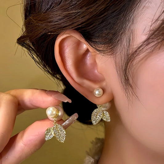 14K Gold-Plated Diamond Leaf Pearl Earrings - elegant Leaf Pearl Earrings