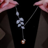 14K Gold-Plated Diamond Leaf Pearl Necklace - beautiful Leaf Pearl Necklace
