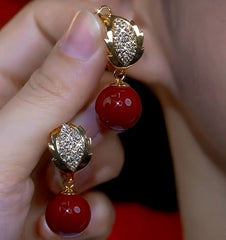 14K Gold-Plated Diamond Leaf Red Pearl Earrings - elegant Red Pearl Earrings