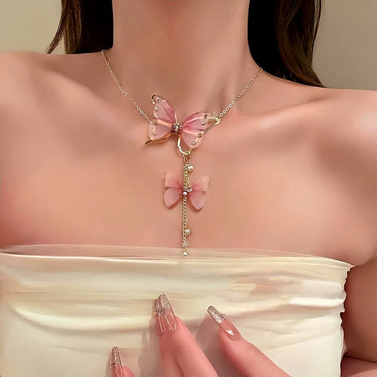 14K Gold-Plated Diamond Pearl Butterfly Tassel Necklace - beautiful Butterfly Tassel Necklace