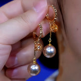 14K Gold-Plated Diamond Pearl Earrings - elegant Brown Pearl Earrings
