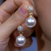 14K Gold-Plated Diamond Pearl Earrings - elegant Pearl Drop Earrings