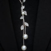 14K Gold-Plated Diamond Pearl Leaf Sweater Necklace - beautiful Sweater Necklace