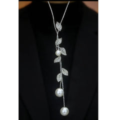 14K Gold-Plated Diamond Pearl Leaf Sweater Necklace worn to showcase its length and pendant detail