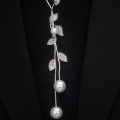 14K Gold-Plated Diamond Pearl Leaf Sweater Necklace - beautiful Sweater Necklace