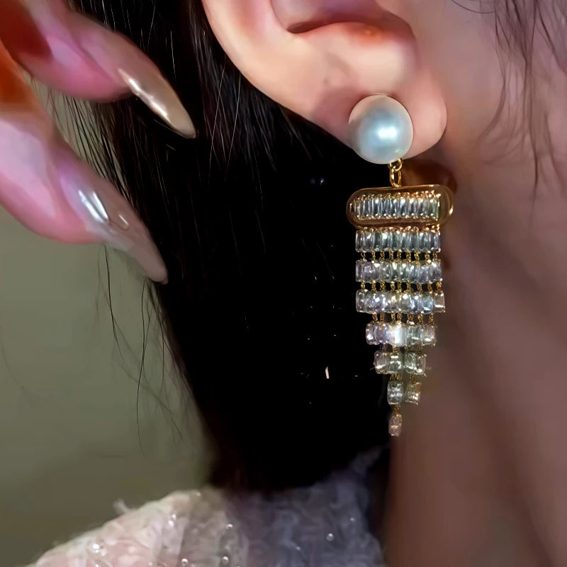 Close-up detail of the sparkling zircons and plating on the Pearl Tassel Earrings