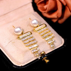 14K Gold-Plated Diamond Pearl Tassel Earrings - elegant Pearl Tassel Earrings