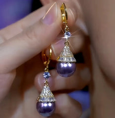 14K Gold-Plated Diamond Purple Pearl Earrings - elegant Purple Pearl Earrings