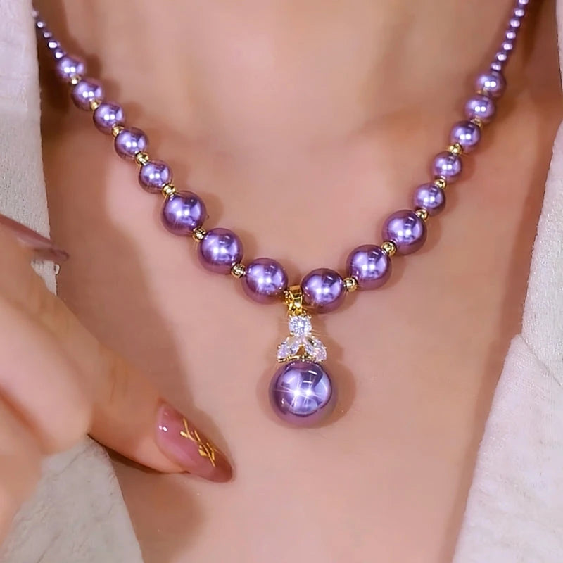 14K Gold-Plated Diamond Purple Pearl Necklace worn to showcase its length and pendant detail