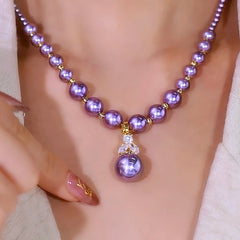 14K Gold-Plated Diamond Purple Pearl Necklace worn to showcase its length and pendant detail