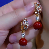14K Gold-Plated Diamond Red Pearl Earrings - elegant Red Pearl Earrings