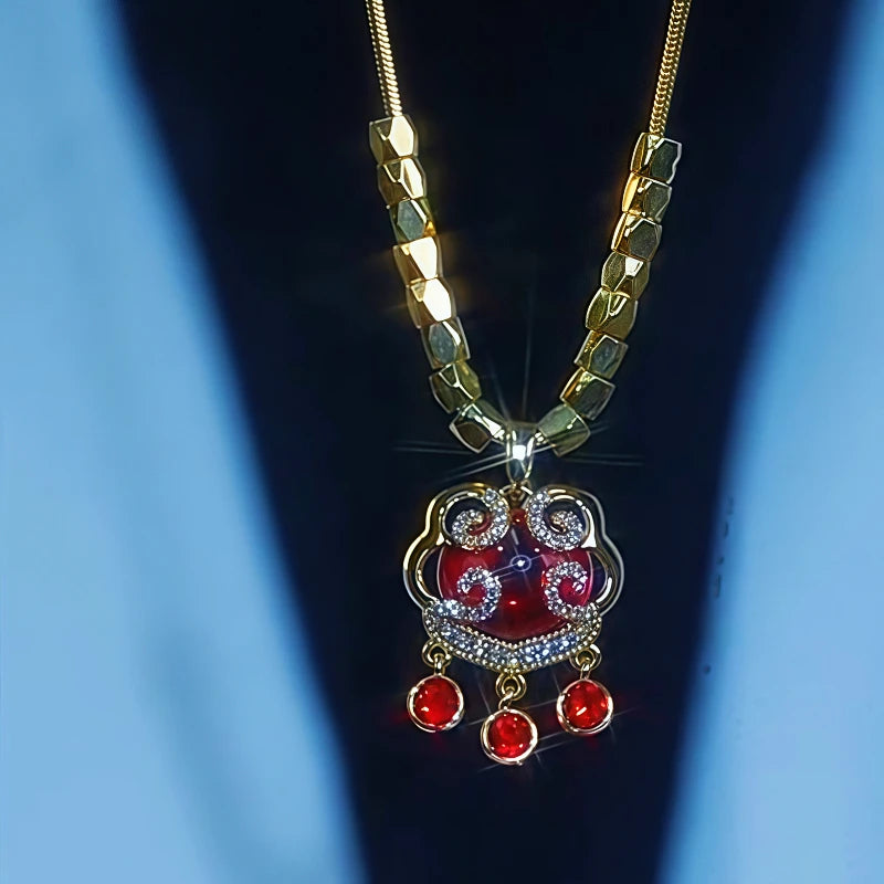 14K Gold-Plated Diamond Ruyi Lock Necklace worn to showcase its length and pendant detail