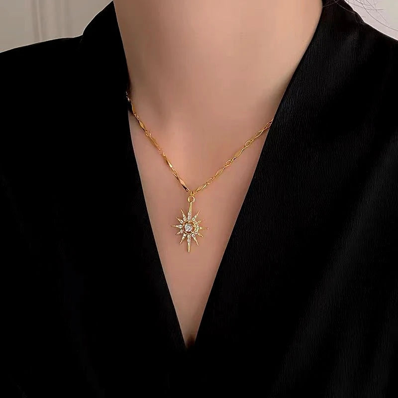 14K Gold-Plated Diamond Sun Necklaces worn to showcase its length and pendant detail