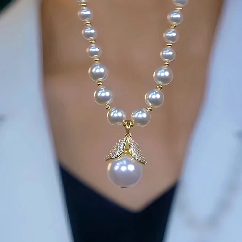 14K Gold-Plated Diamond White Pearl Necklace worn to showcase its length and pendant detail