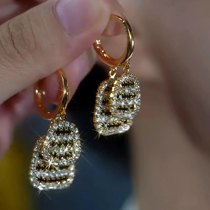 14K Gold-Plated Double-Layer Black And White Diamond Earrings - elegant Double-Layer Earrings