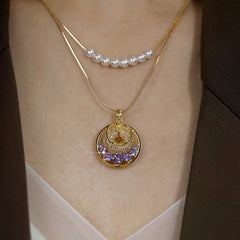 14K Gold-Plated Double-Layer Pearl Hollow Mesh Purple Zircon Disc Pendant Necklace worn to showcase its length and pendant detail