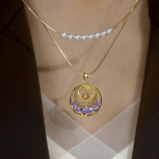 14K Gold-Plated Double-Layer Pearl Hollow Mesh Purple Zircon Disc Pendant Necklace - beautiful Purple Zircon Necklace