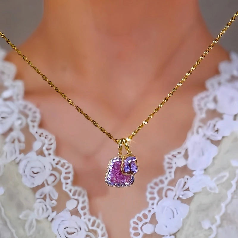 14K Gold-Plated Double-Layer Purple Diamond Crsytal Pendant Necklace - beautiful Purple Crystal Necklace