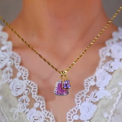 14K Gold-Plated Double-Layer Purple Diamond Crsytal Pendant Necklace - beautiful Purple Crystal Necklace