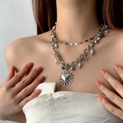 14K Gold-Plated Double-Layer Star Bead Heart Necklace - beautiful Star Heart Necklace