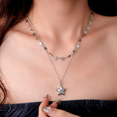 14K Gold-Plated Double-Layer Star Necklace worn to showcase its length and pendant detail