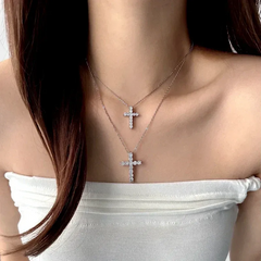 14K Gold-Plated Double-Layer Zircon Cross Necklace worn to showcase its length and pendant detail