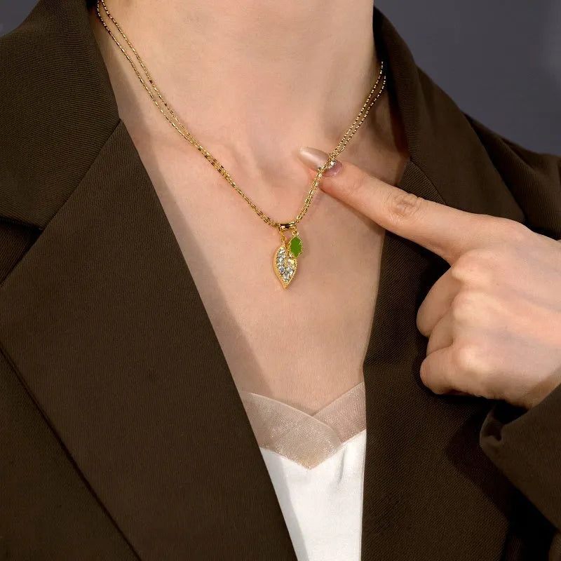 14K Gold-Plated Double-Layer Zircon Green Oil Drop Leaf Necklace - beautiful Leaf Necklace