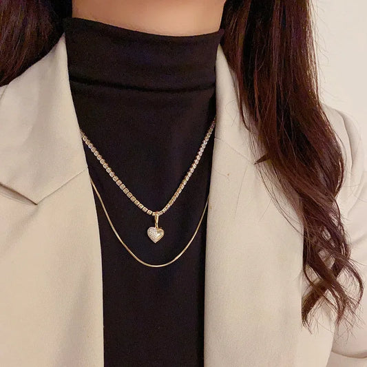 14K Gold-Plated Double-Layer Zircon Love Pendant Necklace - beautiful Love Pendant Necklace